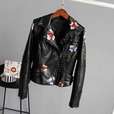 Drune | Lederjacke mit Blumenstickerei