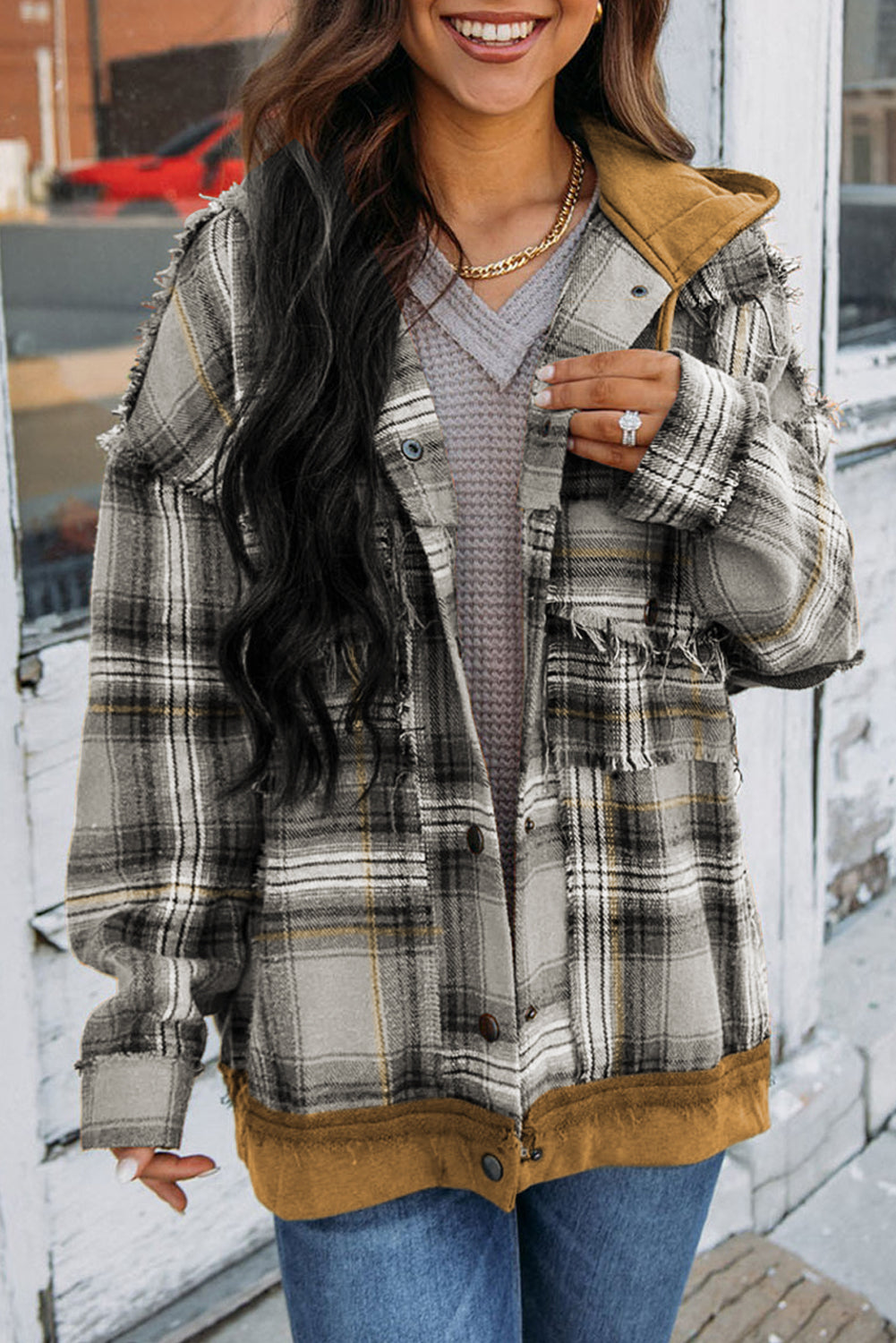 Drune | Karierte Jacke mit Kapuze und Rohen Kanten Baumwolle Lässig und Trendy