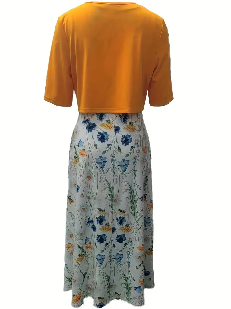 Drune – elegantes zweiteiliges blumenkleid-set mit einfarbigem crop-top und kleid mit rundhalsausschnitt