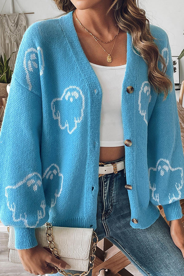 Drune | Cozy Halloween ghost knit sweater with button placket