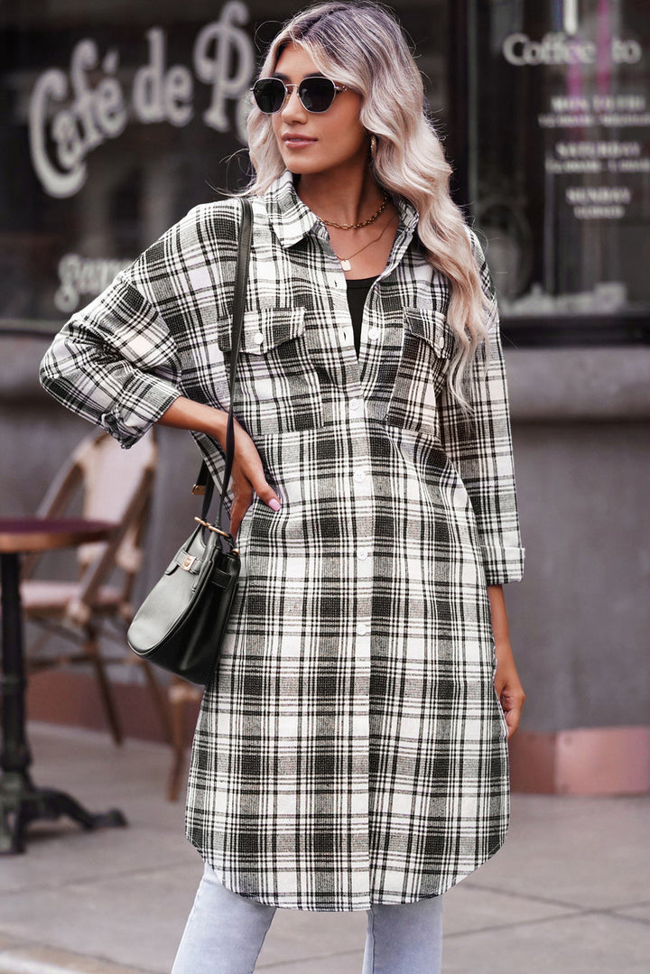 Drune | Karierter Button-Up Longline Shacket mit Brusttaschen