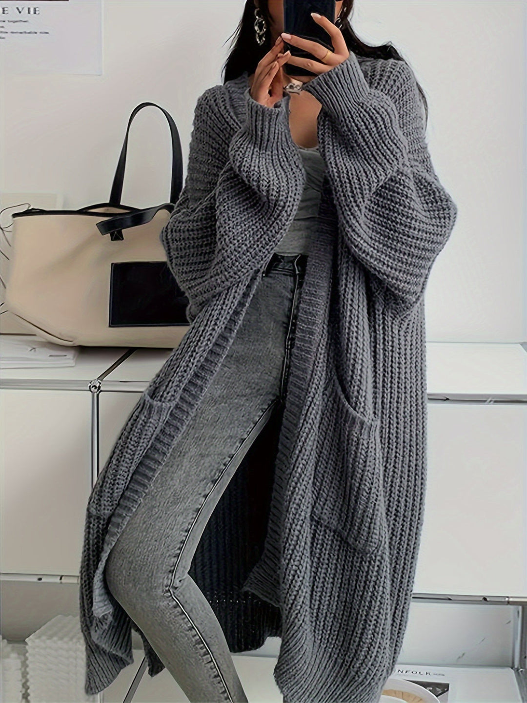 Drune | Lange, lässige Wolljacke mit aufgenähten Taschen für Frauen - Perfekt für den Alltag