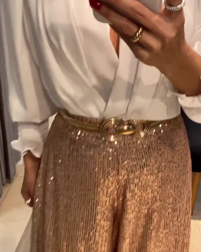 Drune | Elegante Einfarbige Bluse mit V-Ausschnitt und Laternenärmeln