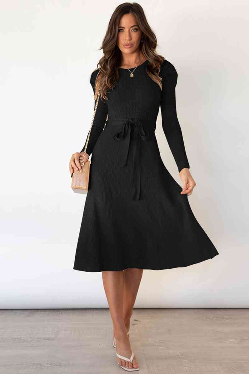 Drune | Rundhalsausschnitt Langarm Knoten Taille Pullover Kleid