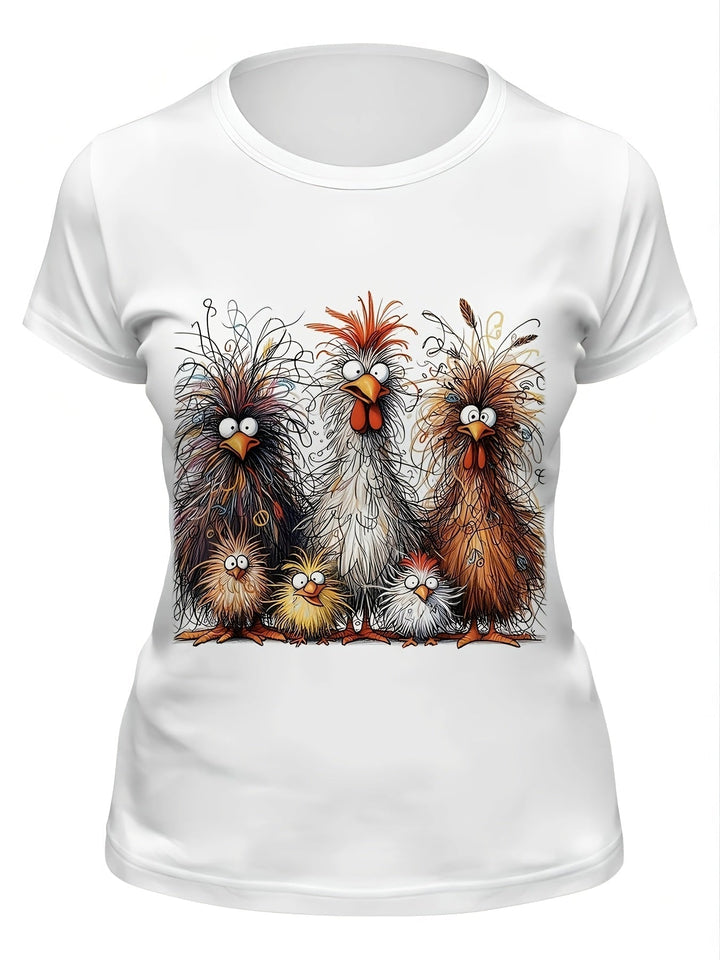 Drune | Damen T-Shirt Sommershirt mit Hühnerdruck, Rundhalsausschnitt, Kurze Ärmel, Lässig und Komfortabel