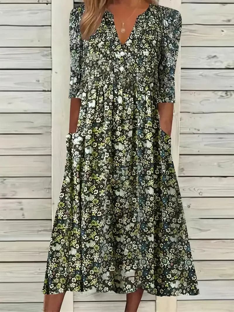 Drune | Midikleid A-Linie Passform V-Ausschnitt 3/4 Ärmel Blumenmuster