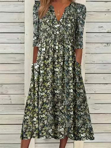 Drune | Midikleid A-Linie Passform V-Ausschnitt 3/4 Ärmel Blumenmuster