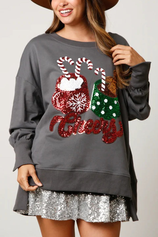 Drune | Weihnachts Süßigkeiten Tasse Pailletten Lässiger Lockere Sweatshirt