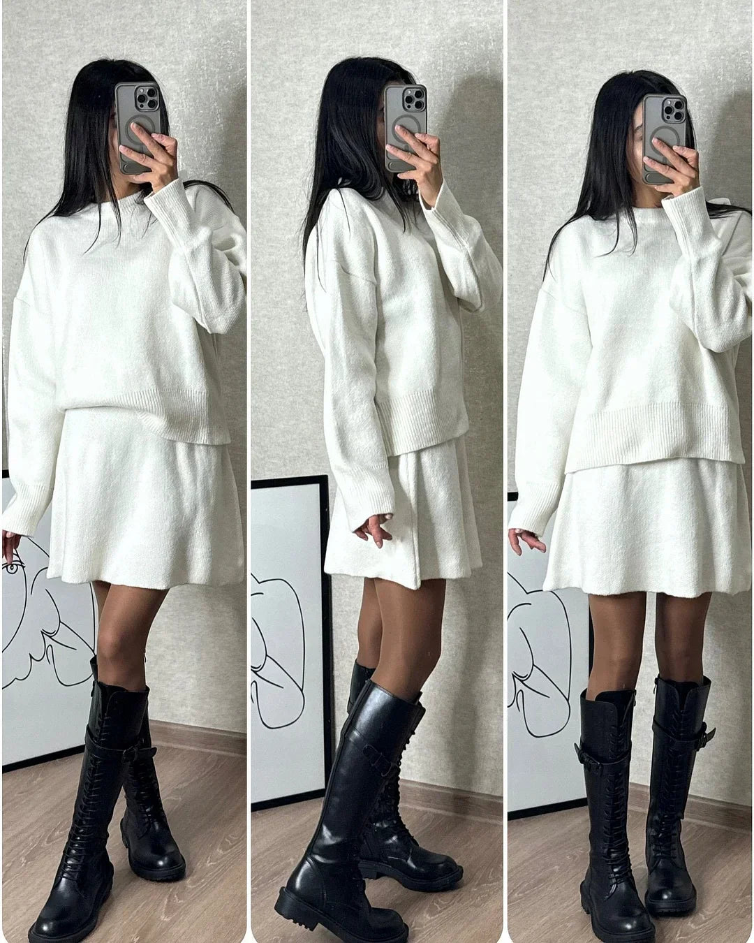 Drune | Strick Zweiteiler - Überdimensional Pullover & Minirock - Herbst Outfit