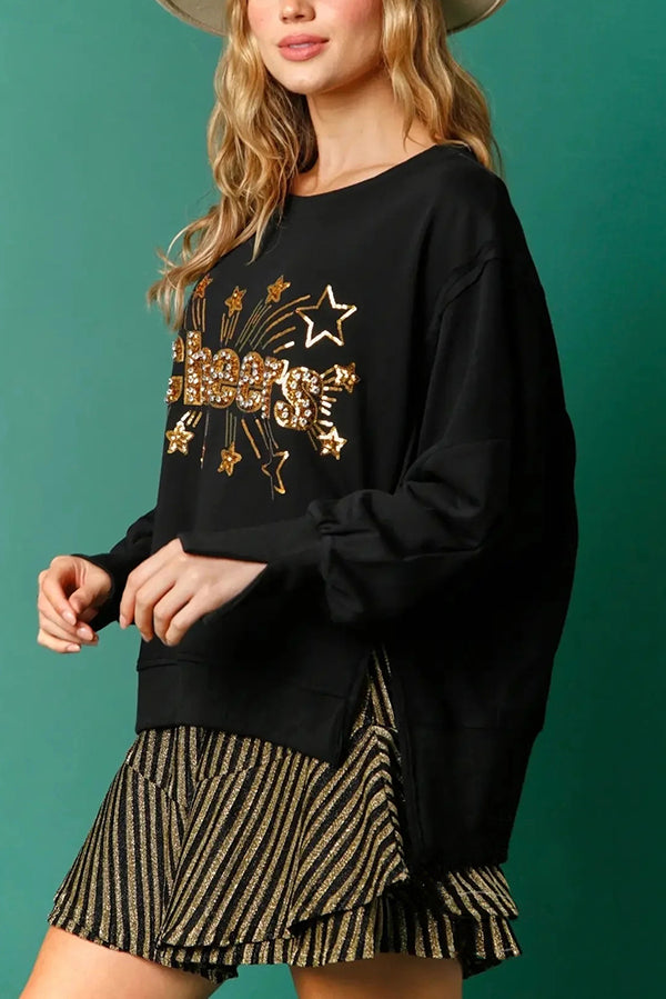 Drune | Weihnachts-Pailletten-Lässiger Rundhals Langarm-Sweatshirt
