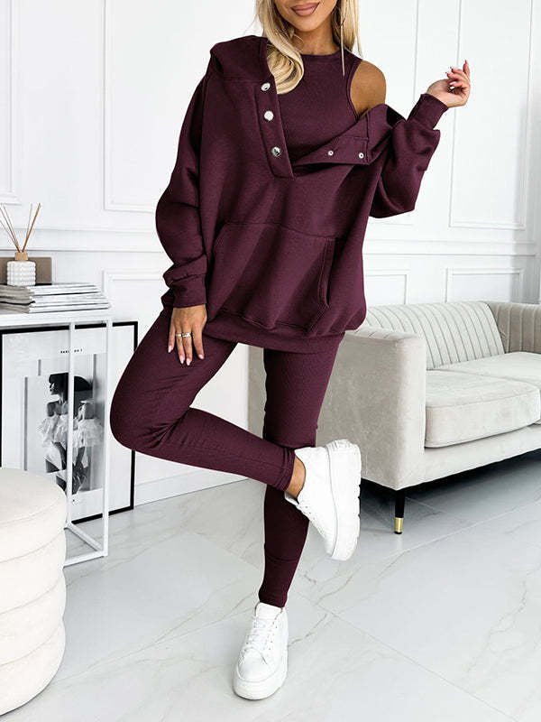 Drune | 3-teiliges Damen-Sportanzug mit lockerem Kapuzenpullover und Slim-Hosen