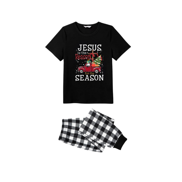 Drune | Paar Schwarz und Weiß Karierter Weihnachten Kurzarm Pyjama Set Mit "Jesus ist der Grund für die Saison" Textdruck