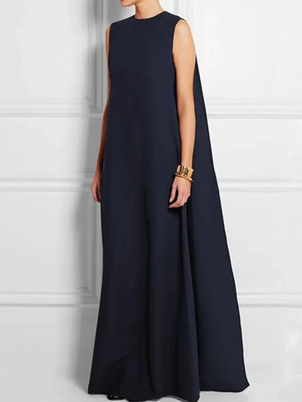 Drune | Breit, Einfach, Einfarbig, Ärmellos, Ärmellos, V-Ausschnitt, Lange Breite Kleid