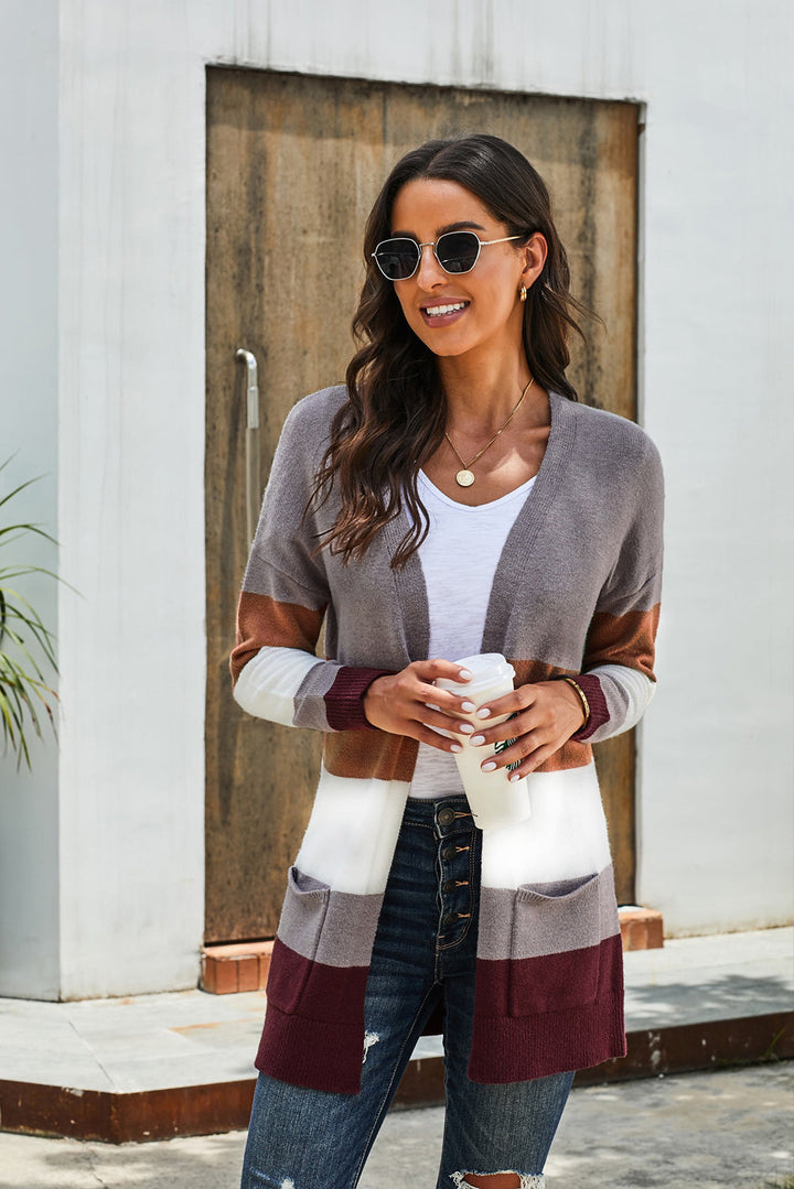 Drune | Farbblock Offene Front Rippbündchen Cardigan mit Taschen