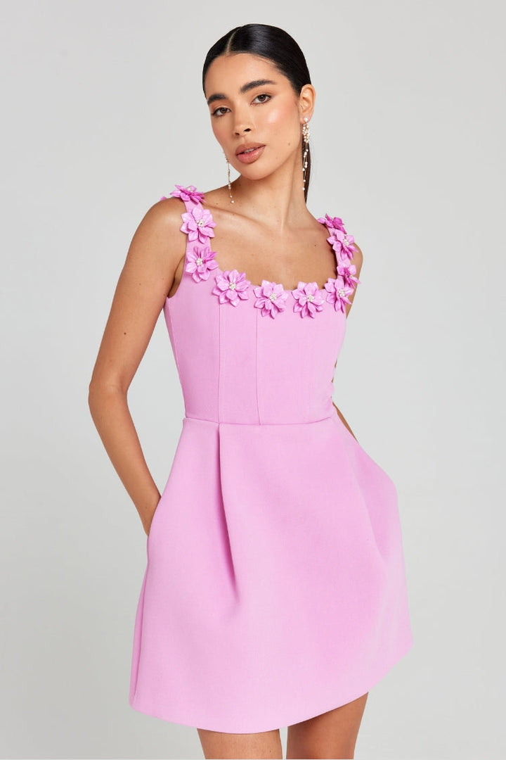 Drune | Cindy Kunstperle Blumen Applikation Quadrat Ausschnitt Taschen Mini Kleid