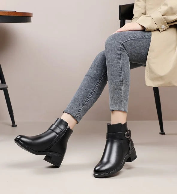 Drune | Damen Echtes Leder Metall Schnalle Samt Stiefel
