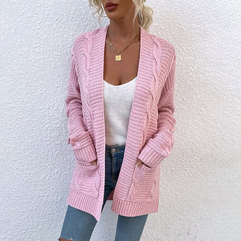 Drune | Strickjacke Gestrickte Kabelmuster Offene Vorderseite Langärmlig Mit Taschen