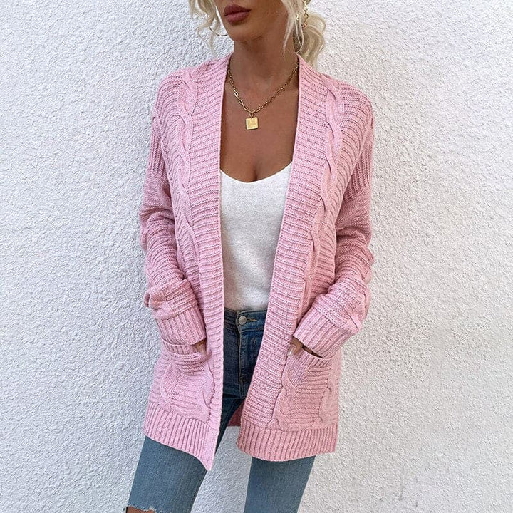 Drune | Strickjacke Gestrickte Kabelmuster Offene Vorderseite Langärmlig Mit Taschen