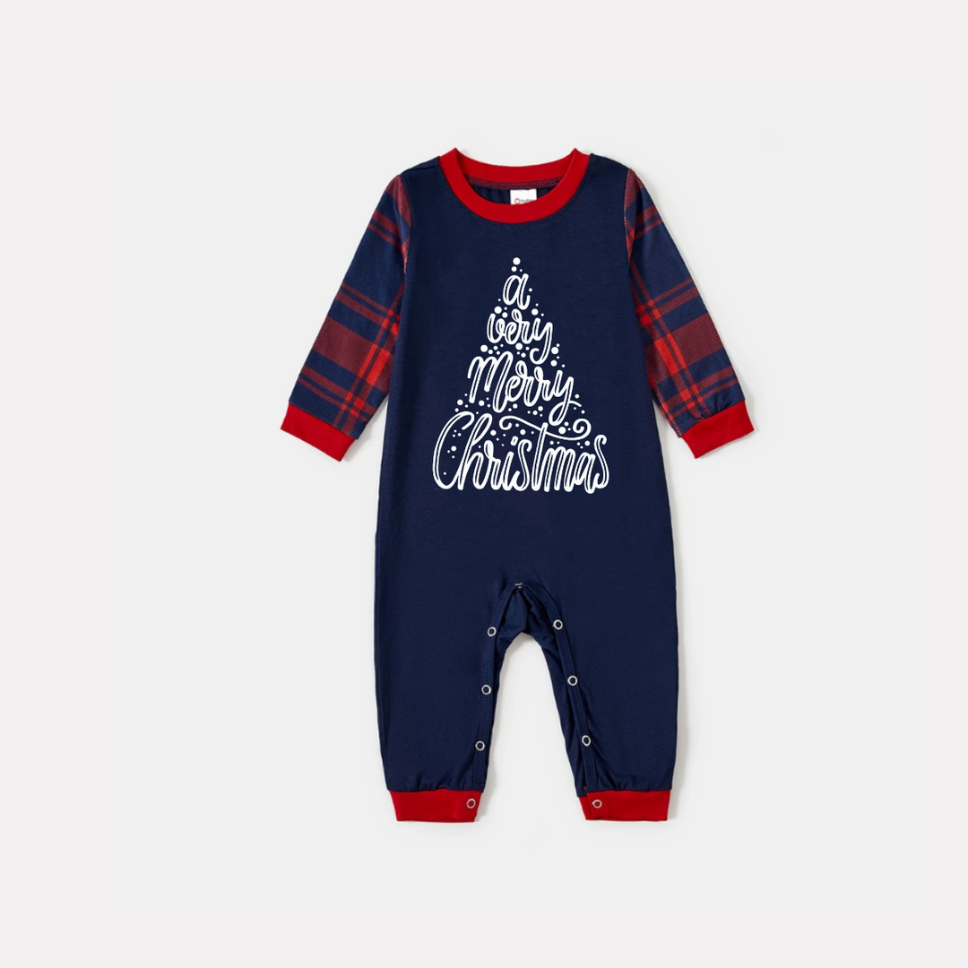 Drune | "Ein sehr fröhliches Weihnachten" Blaue Langarmoberteil mit blauer & roter karierter Familienpassender Pyjama