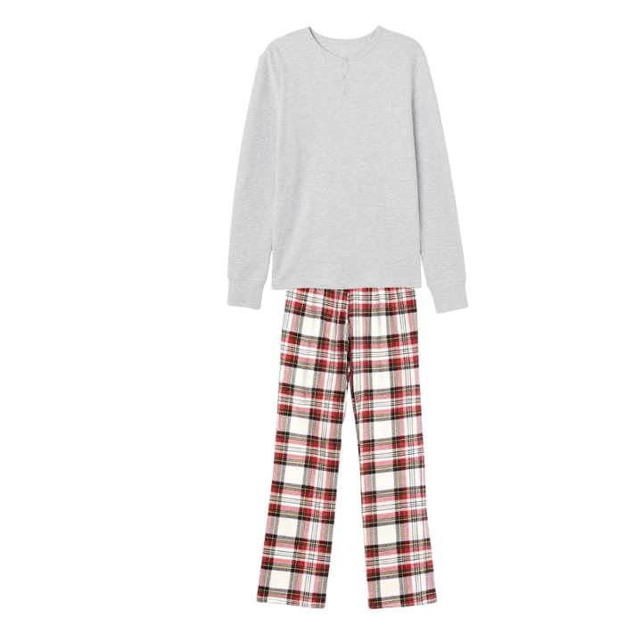 Drune | Paar Schlafanzug-Set – Graues Knopf-Hals T-Shirt & Rote Karohose