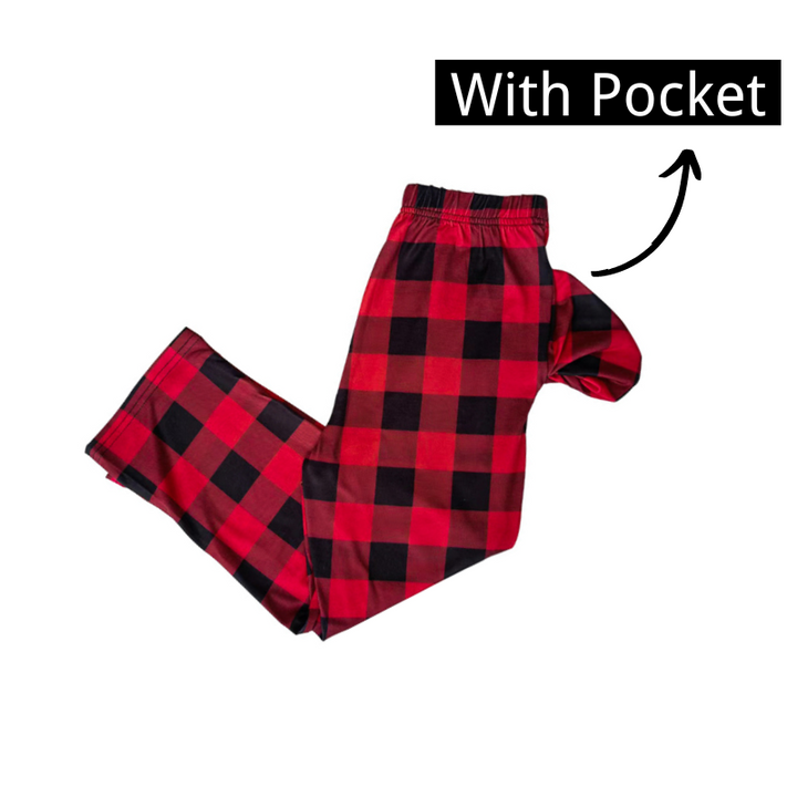 Drune | Rote und schwarze Karierte Weihnachts-Pyjama-Set mit Familien-Slogan-Designs