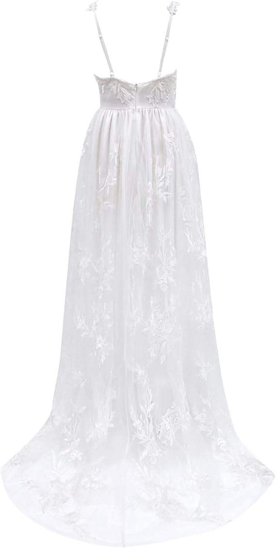 Damen Hochzeitskleid mit floralen Spitzenapplikationen und tiefem V-Ausschnitt Drune