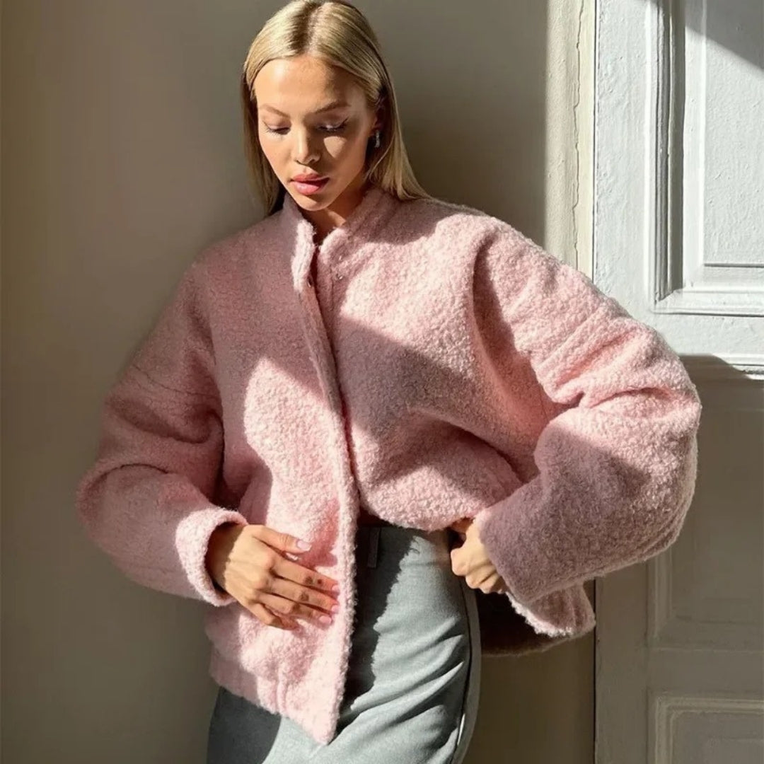 Drune | Damen Boucle Teddy Bomber Jacke pink mit Reißverschluss