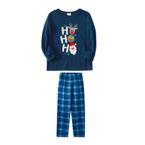 Drune | Weihnachtsfamilien-Matching-Pyjamas - Marineblau & Himmelblau Karierte Pyjama-Set mit Holiday HO HO HO Druck