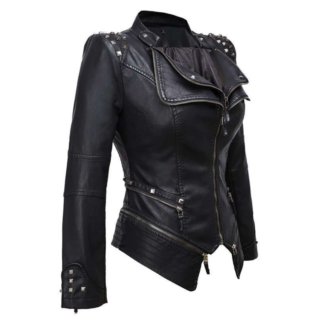 Drune | Damen Enganliegende Genietete Biker Lederjacke