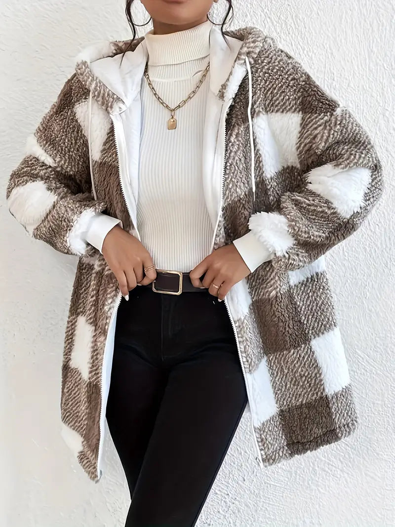 Drune | Kariert Teddy Hoodie Jacke | Warm und Bequem für den Winter