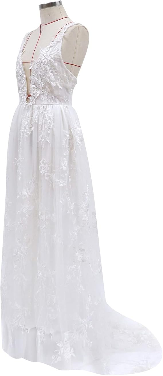 Damen Hochzeitskleid mit floralen Spitzenapplikationen und tiefem V-Ausschnitt Drune