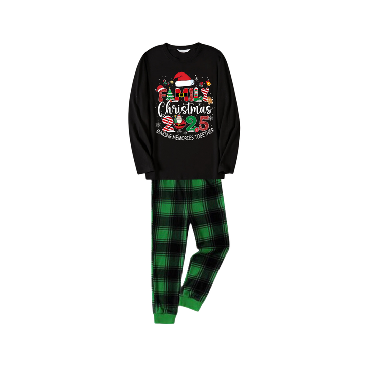 Drune | Schwarzes Top und grüne kariierte Hose Weihnachts-Pyjama-Set mit dem Text "Familienweihnachten 2025 Erinnerungen zusammen schaffen" Druck