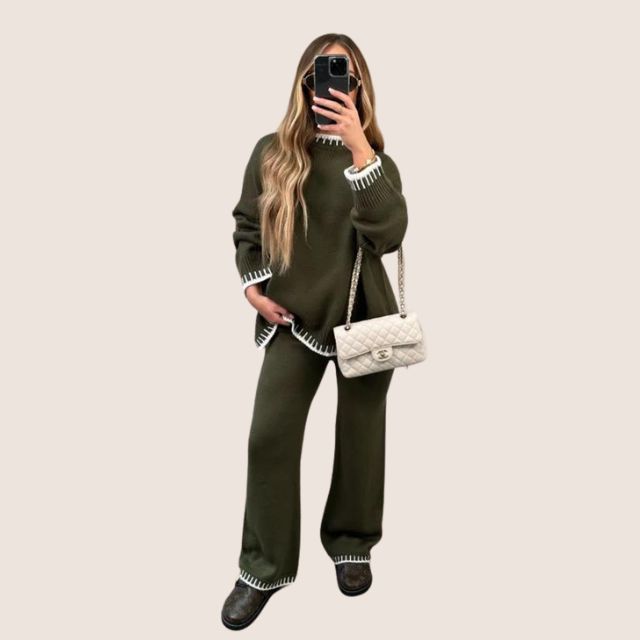 Drune | Schickes Strick-Loungewear-Set mit Kontrastbesatz