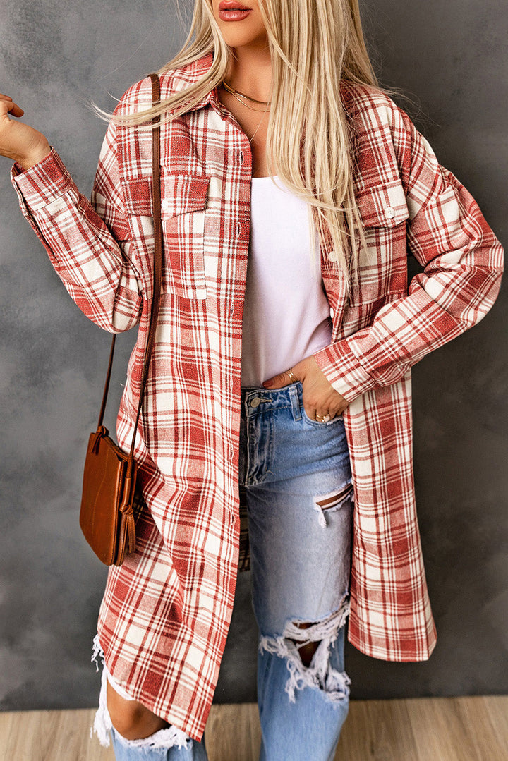 Drune | Karierter Button-Up Longline Shacket mit Brusttaschen