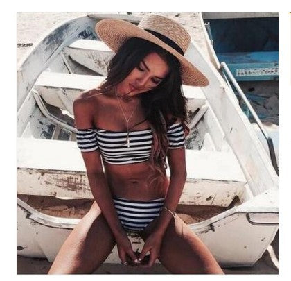 Damen Off-Shoulder Bikini-Set mit maritimem Streifenmuster Drune