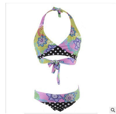 Damen Triangel-Bikini mit lebhaftem Blumenmuster und gepunktetem Höschen Drune