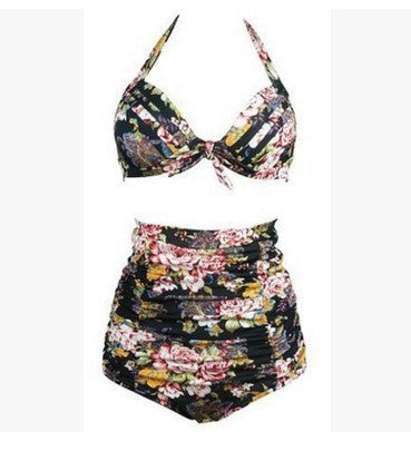 Damen Hoch tailliertes Bikini-Set mit floralem Design und Raffungen Drune