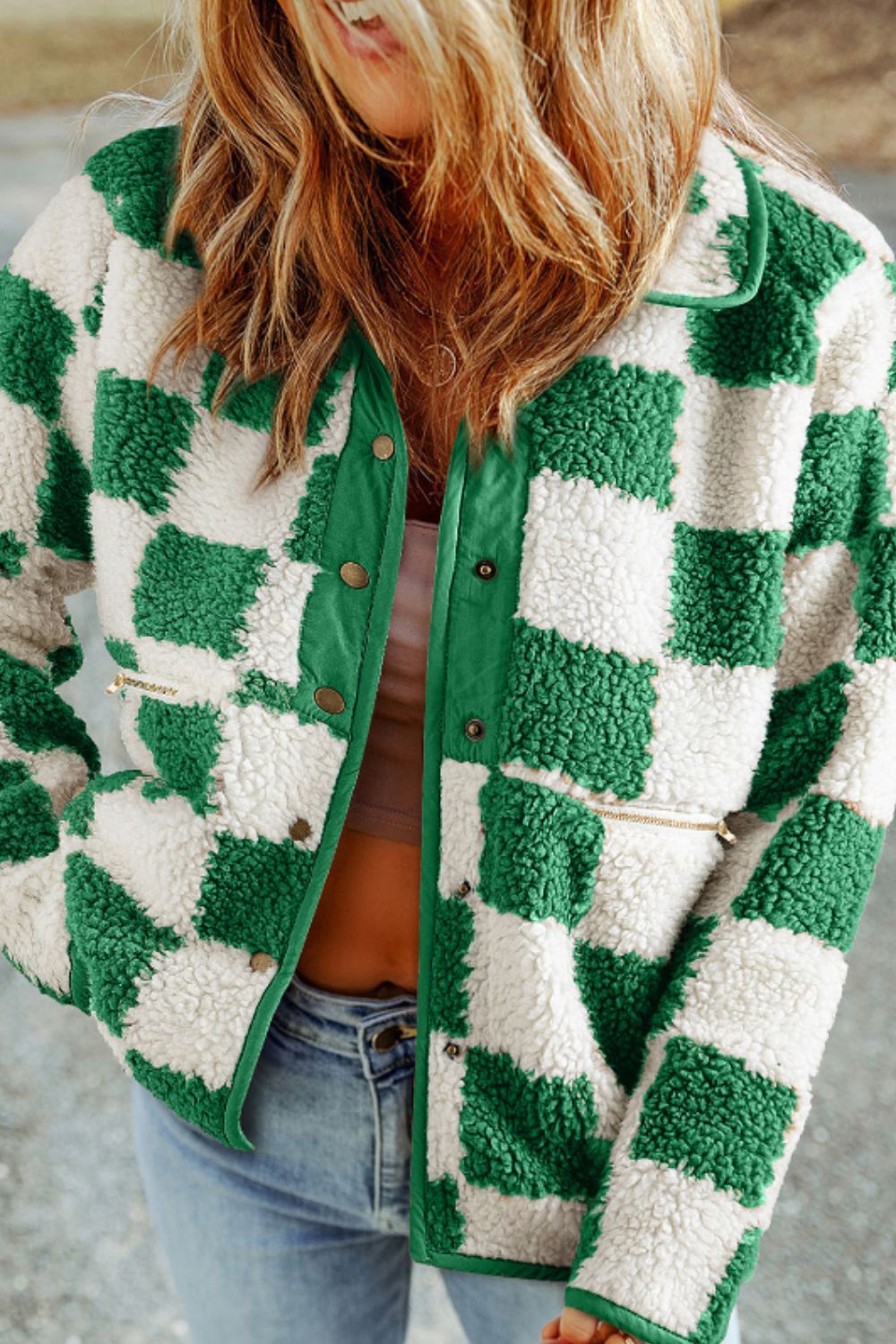 Drune | Lässige Herbst Grün Karierte Snap-Down Jacke für Frauen