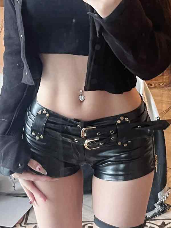 Drune | Punk Pu Leder Hohle Shorts