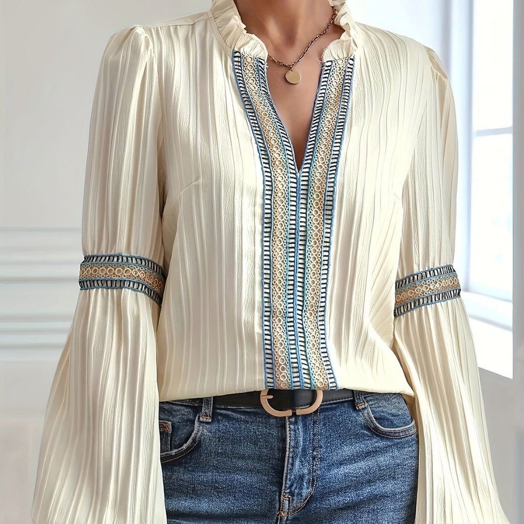 Drune Spitzen-Patchwork-Shirt mit V-Ausschnitt