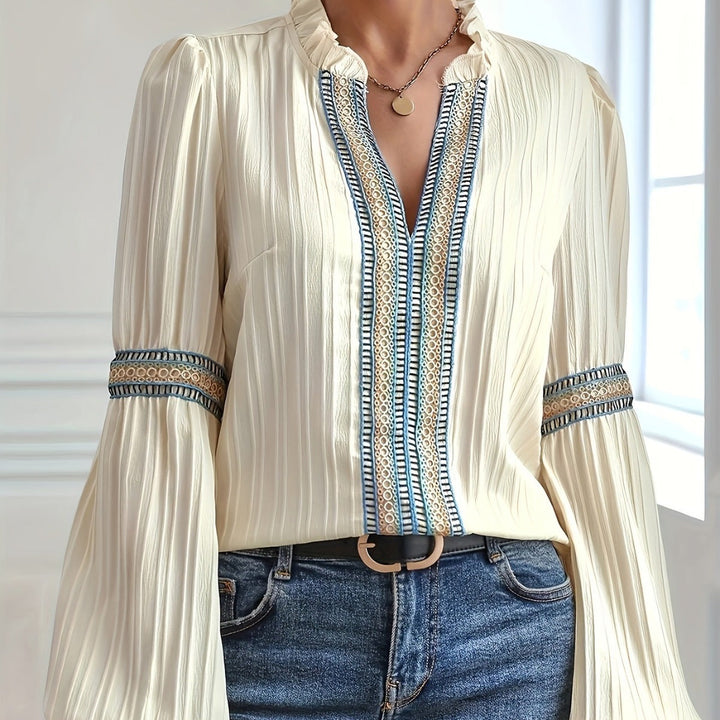 Drune Spitzen-Patchwork-Shirt mit V-Ausschnitt