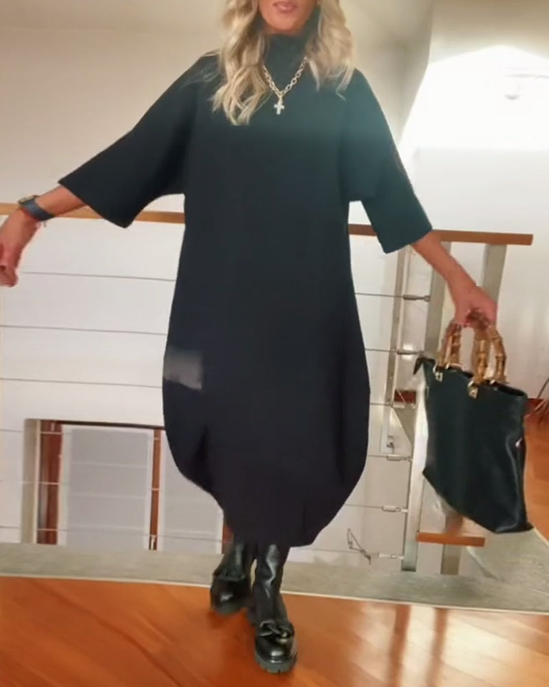 Drune | Einfarbiges Lockeres Freizeitkleid mit Hohem Kragen