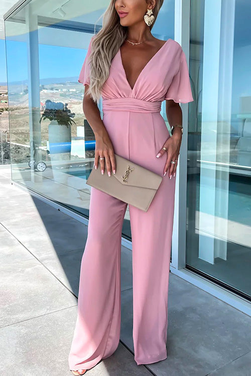 Drune | Rosiedress Tiefer V-Ausschnitt Rüschensleeve Hoch Taille Weite Bein Jumpsuit