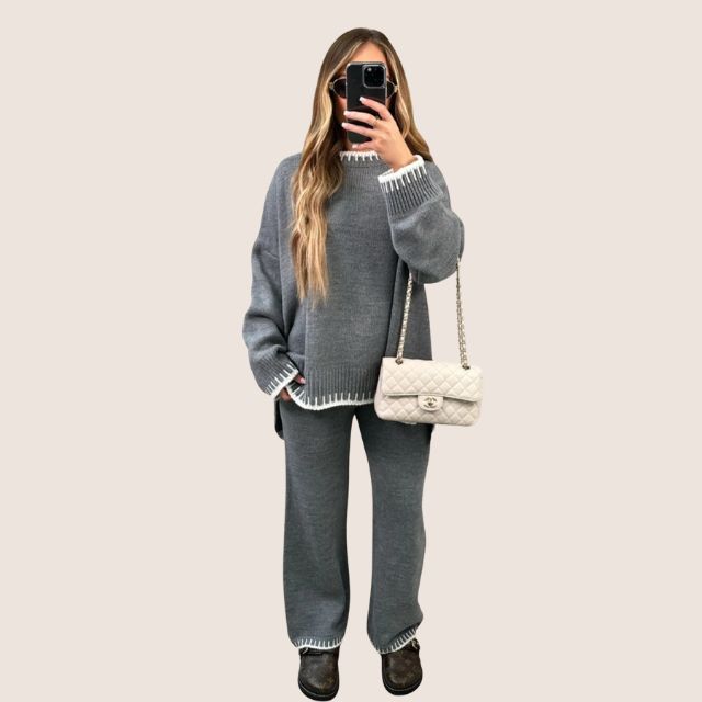 Drune | Schickes Strick-Loungewear-Set mit Kontrastbesatz
