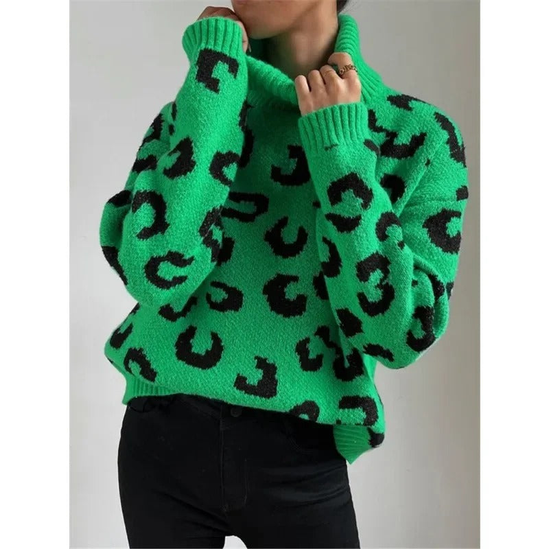 Drune | Lässiger Rollkragen-Strickpullover mit Leopardenmuster