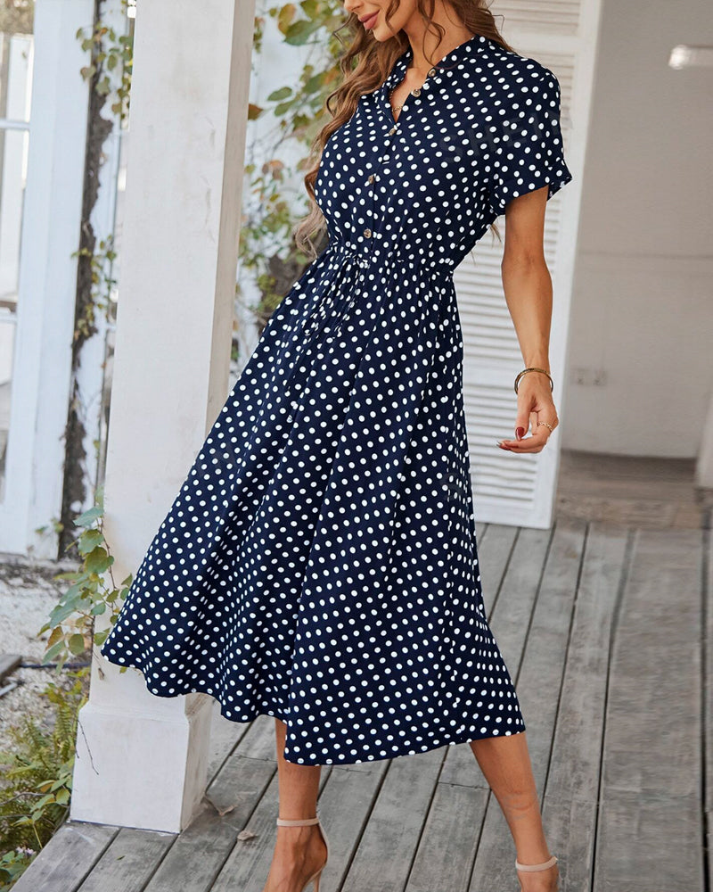 Drune | Punkte-Muster Kleid mit Bindeband und Knöpfen