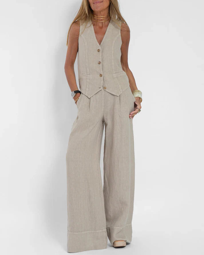 Drune | Elegantes 2 Teiliges Satz Aus Weiter Leinenhose Und Weste