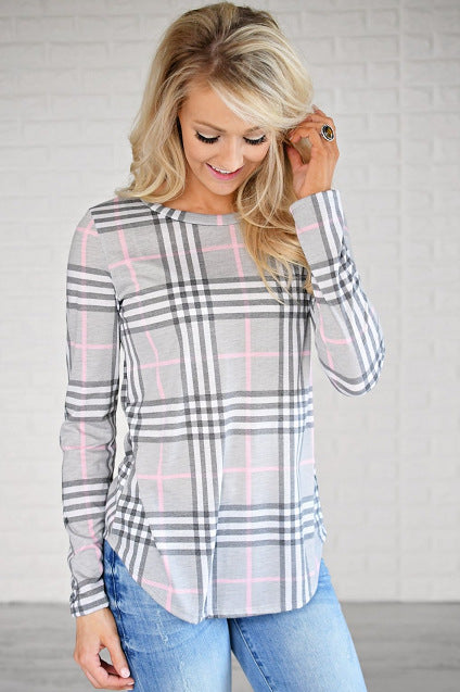 Damen Lässiges Langarmshirt mit Karomuster und seitlichen Schlitzen Drune