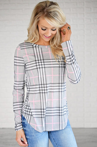 Damen Lässiges Langarmshirt mit Karomuster und seitlichen Schlitzen Drune