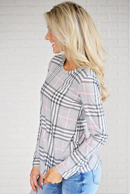 Damen Lässiges Langarmshirt mit Karomuster und seitlichen Schlitzen Drune